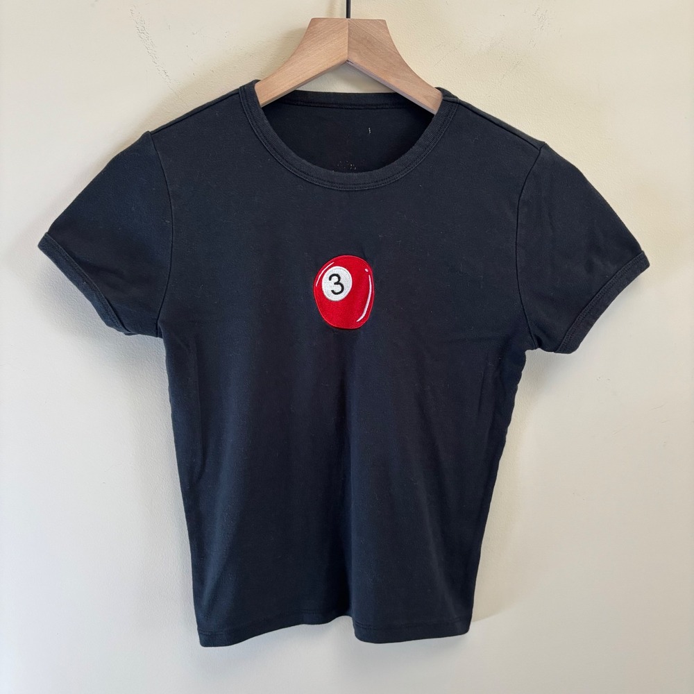 Black 3 Ball Billiard Embroidered Baby Tee Y2K Style Short Sleeve Crop Top